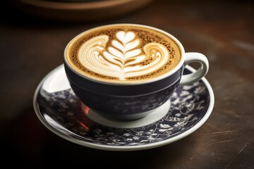 AI generated illustration of a mug with latte topped with a beautiful piece of latte art