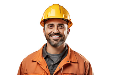 Smiling construction worker wearing uniform Isolated on a clear background, PNG file.