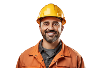 Smiling construction worker wearing uniform Isolated on a clear background, PNG file.