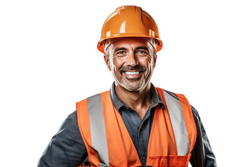 Smiling construction worker wearing uniform Isolated on a clear background, PNG file. - obrazy, fototapety, plakaty
