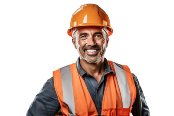 Smiling construction worker wearing uniform Isolated on a clear background, PNG file.