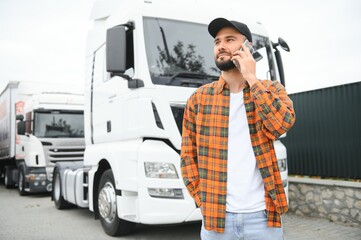 Portrait of young bearded trucker standing by his truck vehicle. Transportation service. Truck...