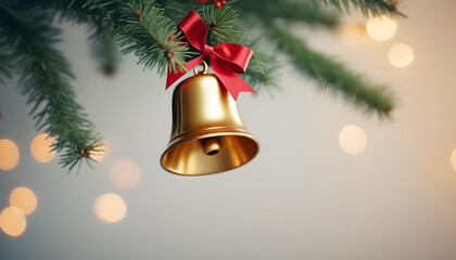 christmas bells with red ribbon on a tree
