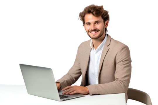 Smiling young professional man working with laptop Isolated on transparent background. PNG file.