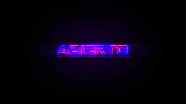 Flashing ABIERTO electric blue and pink Neon Sign flashing on and off with flicker, reflection, and anamorphic lights in 4k.