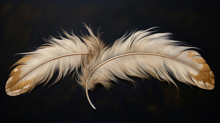 Artwork featuring three feathered quills with the word "O" positioned at the bottom.
