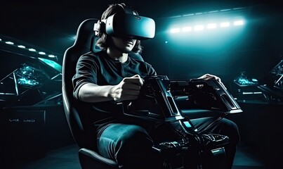 Virtual Reality Experience: Immersed Man Seated in Chair Discovering a New Reality