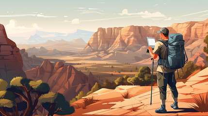 Backpacker standing on the mountain looking at gps on a tablet