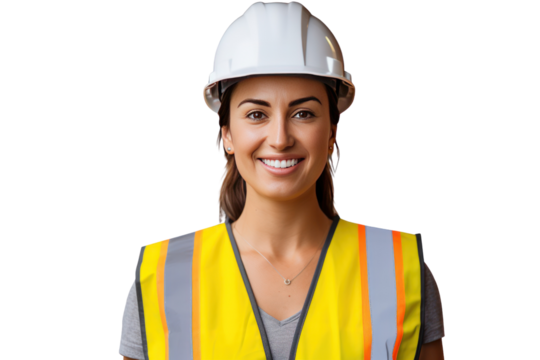 Image of a smiling female engineer on a website wearing a hard hat, vest, isolated on a transparent background PNG file.