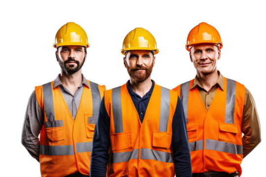 Group of three happy construction workers wearing hard hats standing together at construction site. Isolated on transparent background PNG file.