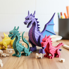 Create a set of 3D-printable dragon puzzle pieces that, when assembled, form a complete dragon family. This can be a fun and engaging ac