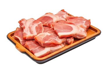 Dried pork in a tray, meat with layers of fat under the sun Isolated on clear background, PNG file.