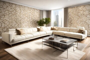 A contemporary living room featuring white sectional sofas, cream-colored rugs, and artistic wall accents for a modern touch.