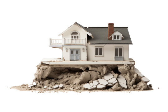 Cracks in the foundation of the house pictures of collapse Cracked houses symbolize economic collapse. Isolated on clear background. PNG file.