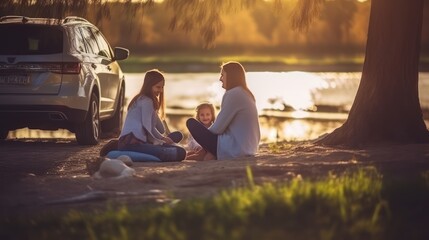 Family vacation holiday. Happy family having fun on the river. Photo of a happy family on a picnic and a car on the side. Family traveling by car. - obrazy, fototapety, plakaty