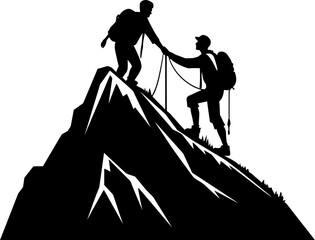 Hiker helping friend reach the mountain silhouette in black color. Vector template for laser cutting wall art.