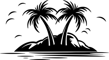 Tropical island silhouette in black color. Vector template design. - obrazy, fototapety, plakaty