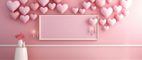 pink valentine's day background With a beautiful heart shape love concept In the Valentine's Day festival happy holiday Copy space panoramic background. Generative AI.