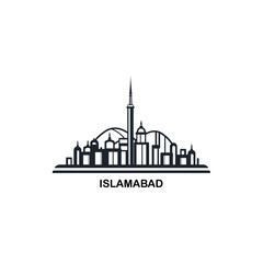 Islamabad cityscape skyline city panorama vector flat modern logo icon. Pakistan capital region emblem idea with landmarks and building silhouettes. Isolated graphic