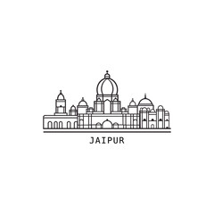 Jaipur cityscape skyline city panorama vector flat modern logo icon. India, Rajasthan state emblem idea with landmarks and building silhouettes. Isolated thin line graphic