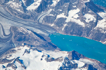 Aerial view of scenic Greenland Glaciers and icebergs - obrazy, fototapety, plakaty