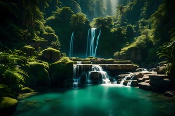 A tranquil oasis with cascading waterfalls creating a serene ambiance amidst vibrant, verdant mountain scenery. - obrazy, fototapety, plakaty
