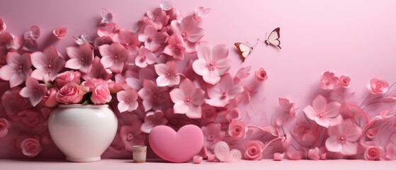 pink valentine's day background With a beautiful heart shape love concept In the Valentine's Day festival happy holiday Copy space panoramic background. Generative AI.