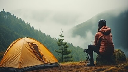 Alone with yourself. Back view of a female hiker enjoys a morning cup of coffee near her tent, alone with nature. The breath of the morning foggy forest and the spirit of freedom. Vertical photo.