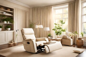 A serene living room featuring a pristine cream-colored recliner bathed in natural sunlight, creating a tranquil oasis within the home's interior.