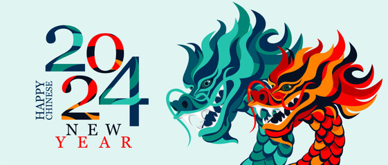 Green wooden dragon symbol of 2024. Chinese New Year. Background with a dragon. Vector illustration. - obrazy, fototapety, plakaty