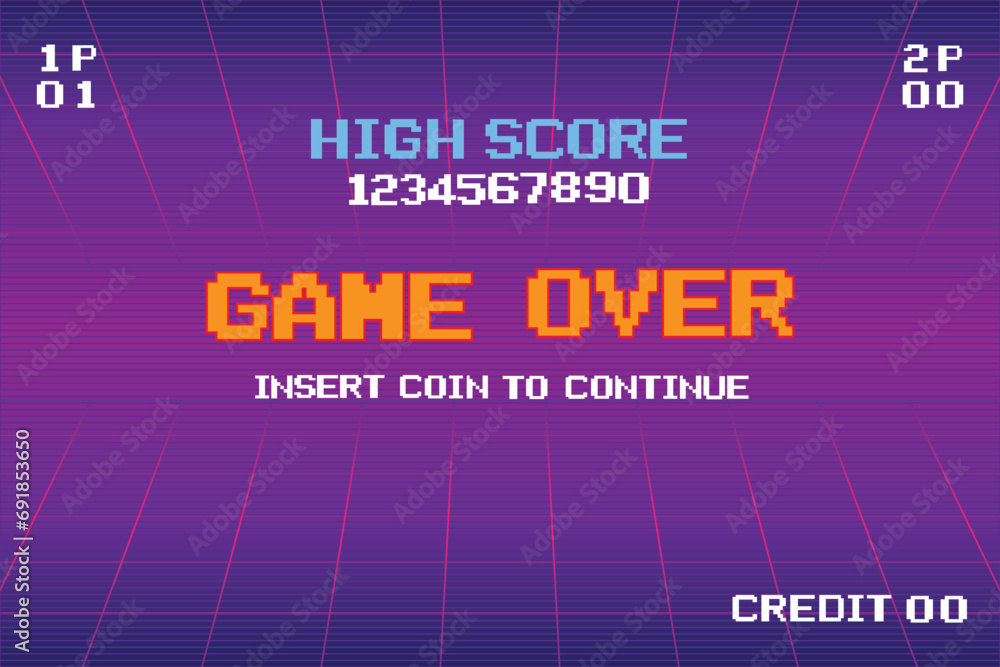 Aufkleber game over insert a coin to continue .pixel art .8 bit game. retro game. for game assets in vector il