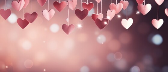 pink valentine's day background With a beautiful heart shape love concept In the Valentine's Day festival happy holiday Copy space panoramic background. Generative AI.