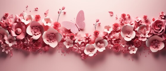 pink valentine's day background With a beautiful heart shape love concept In the Valentine's Day festival happy holiday Copy space panoramic background. Generative AI.