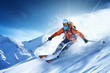Naklejka na ściany i meble A dynamic skier skiing downhill through fresh snow