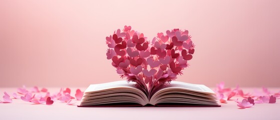 pink valentine's day background With a beautiful heart shape love concept In the Valentine's Day festival happy holiday Copy space panoramic background. Generative AI.