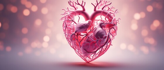 pink valentine's day background With a beautiful heart shape love concept In the Valentine's Day festival happy holiday Copy space panoramic background. Generative AI.