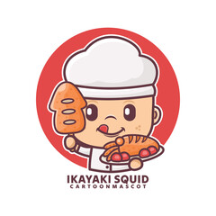 chef cartoon mascot with ikayaki squid. vector illustrations with outline style