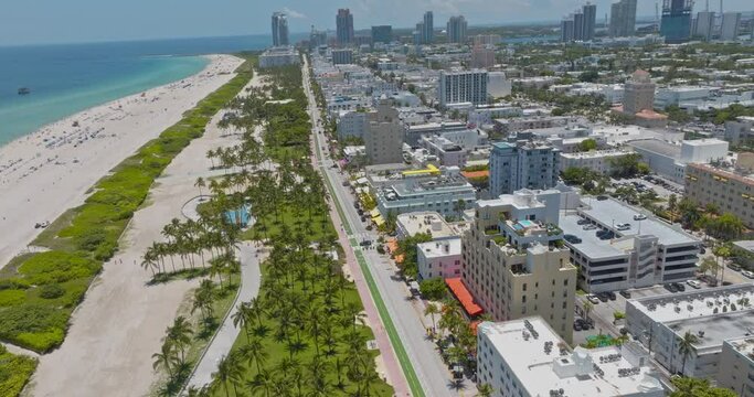 Aerial view of Ocean Drive at Miami. Miami aerial view. Art deco district, South Beach, Miami Florida. Famous avenue. Drone view. Ocean Drive in Miami at street.