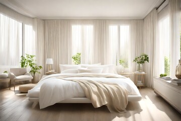 A serene bedroom with a white platform bed, cream-colored bedding, and sheer curtains for a tranquil and airy atmosphere.