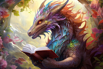 a fantasy dragon reading a book, colorful art