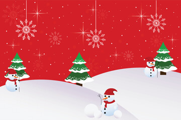 winter wallpeper red background,christmas tree,snowman,snowflakes,vector illustration