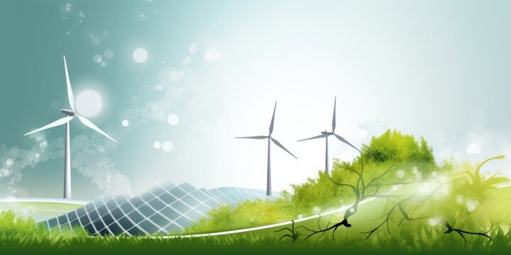 renewable energy banner background with green energy as wind turbines and solar panels, Generative AI