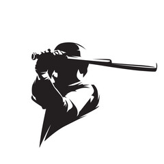 Baseball player logo, batter, isolated vector silhouette, ink drawing. Team sport athlete - obrazy, fototapety, plakaty