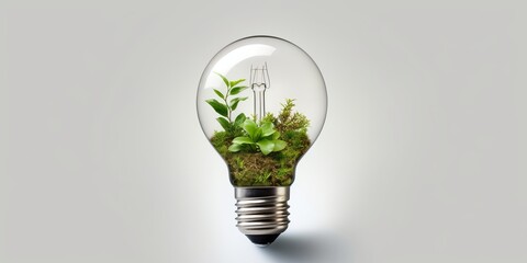 Eco friendly lightbulb with plants white background, Renewable and sustainable energy. Generative AI