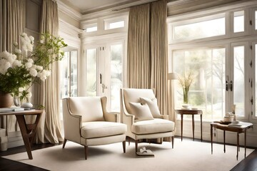 A meticulously styled cream-colored armchair placed beside a floor-to-ceiling window, allowing natural light to accentuate its graceful design in a serene living room setting.