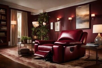 A plush maroon recliner highlighted by warm ambient lighting.