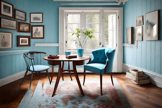 A sky blue chair contrasting beautifully with a cherry wood table in a cozy corner.