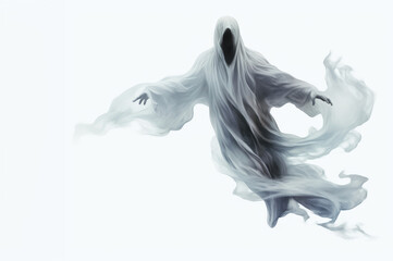 Grey faceless ghost with billowing sheets on white background - obrazy, fototapety, plakaty