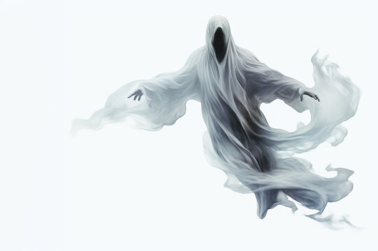 Grey faceless ghost with billowing sheets on white background