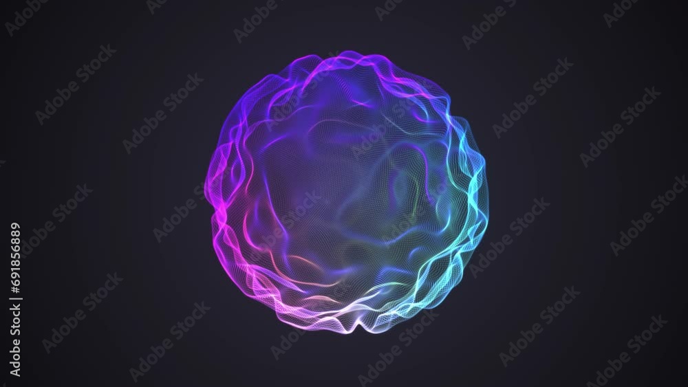 Poster bright 3d sphere with wavy colorful pixelated surface on black background. abstract concept of sound